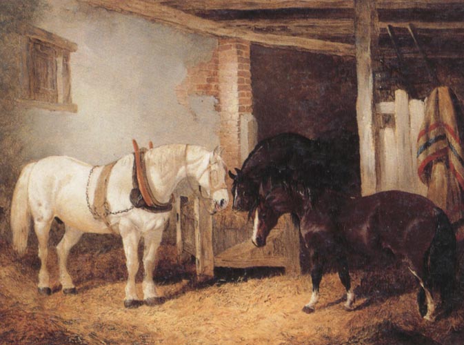 John Frederick Herring Three Horses in A stable,Feeding From a Manger